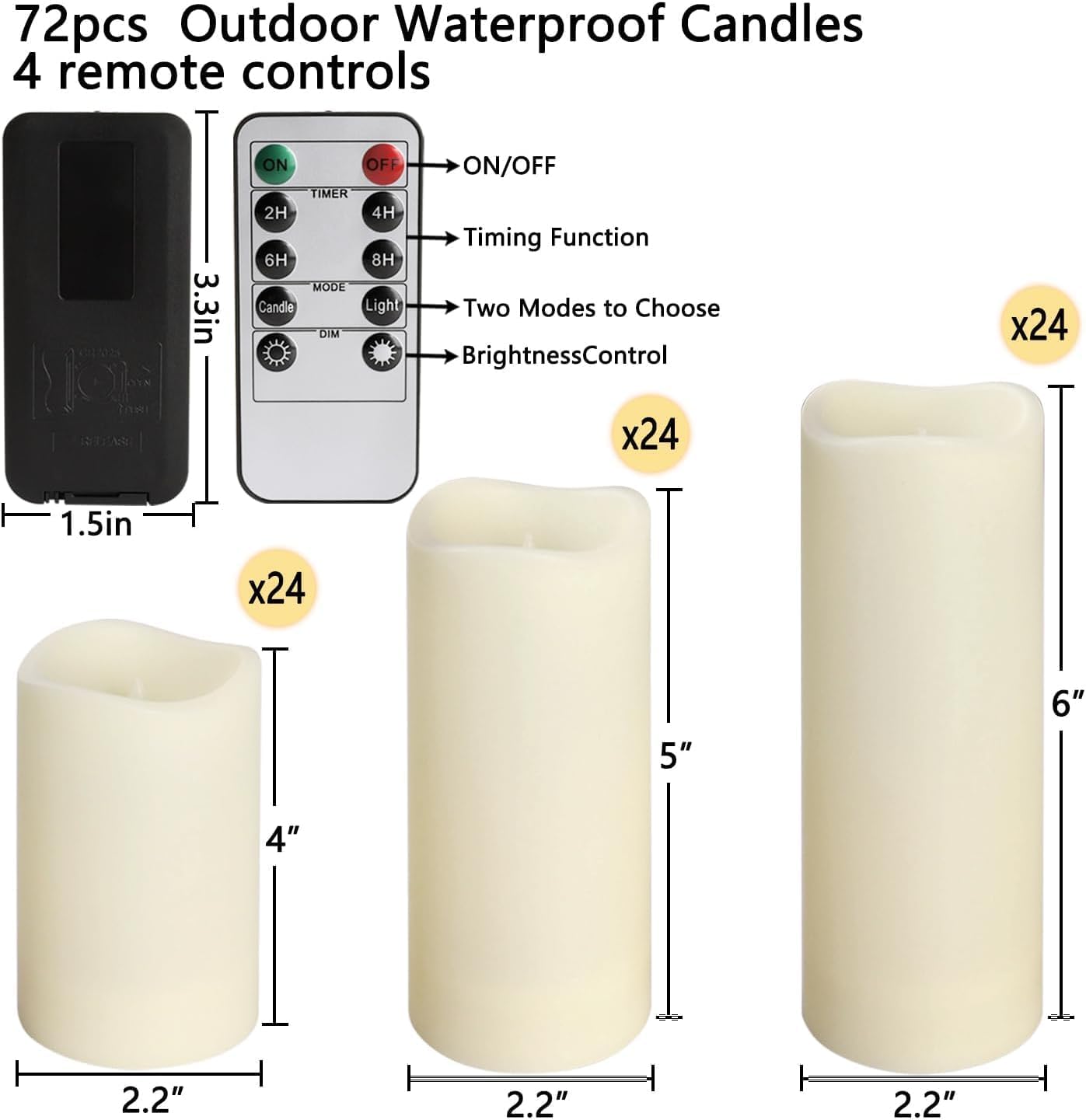 Enpornk Flameless Battery Operated Outdoor Waterproof Set of 12(D: 3" x H: 3" 4" 5" 6") Pillar LED Candles with 10-Key Remote and Cycling 24 Hours Timer