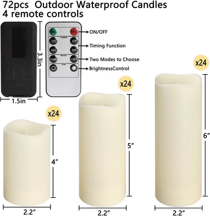 Enpornk Flameless Battery Operated Outdoor Waterproof Set of 12(D: 3" x H: 3" 4" 5" 6") Pillar LED Candles with 10-Key Remote and Cycling 24 Hours Timer