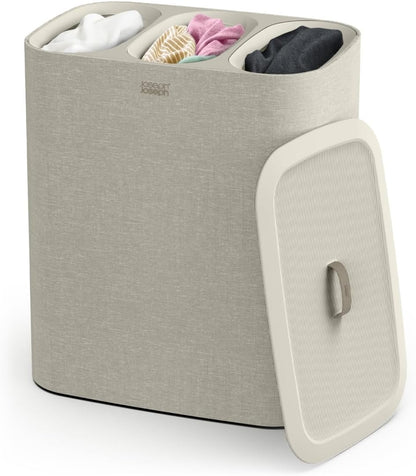 Joseph Joseph Tota Trio 90 liter/23.8 gallon Laundry Hamper Separation Basket with lid, 3 Removable Washing Bags with Handles- Ecru