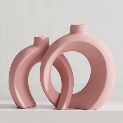 7.2″Hx8.9″H Donut Shape Decorative Vase Set of 2, Ceramic, Modern Minimalism Styles, Flowers or Plant Table Vases for Home Decor Living Room Shelf Entry Console Mantle Dining Centerpiece (Matte White)