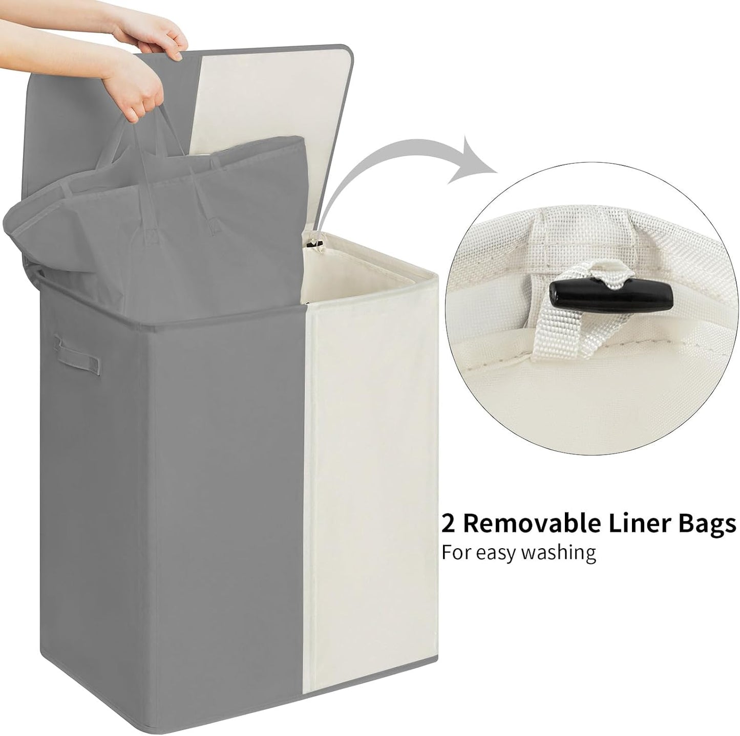WOWLIVE Double Laundry Baseket with Lid and Removable Laundry Bags,154L Large Laundry Hamper 2 Section Collapsible Dirty Clothes Hamper for Laundry Room,College Dorm,Bathroom,Black and Beige