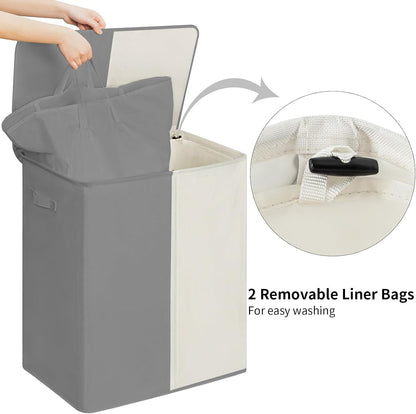 WOWLIVE Double Laundry Baseket with Lid and Removable Laundry Bags,154L Large Laundry Hamper 2 Section Collapsible Dirty Clothes Hamper for Laundry Room,College Dorm,Bathroom,Black and Beige