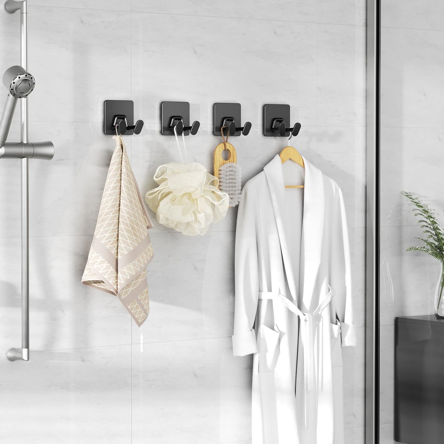 susswiff Shower Hooks for Inside Shower - Extra Sticky Stainless, Razor Holder Accessories, Wall Mounted Self-Adhesive Double Hooks for Razor, Loofah, Towel, Shaver, Coat, Key, Silver 6 Pack