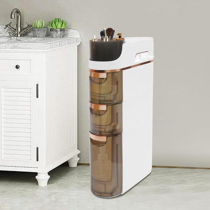 7.09 Inch Slim Bathroom Storage Cabinet with 3 Drawers, PP Narrow Rolling Organizer Cart with Tissue Slots No Assembly Required for Kitchen Laundry Small Spaces