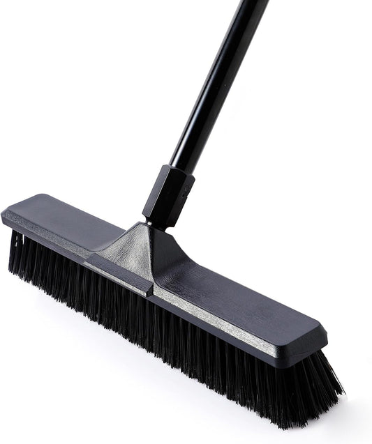 Eyliden 18" Push Broom for Deck Driveway Patio Garage, Black | Heavy-Duty Stiff Bristles Sweeper with 66" Adjustable Handle | Outdoor Concrete Sidewalk Yard Snow Cleaning Tool
