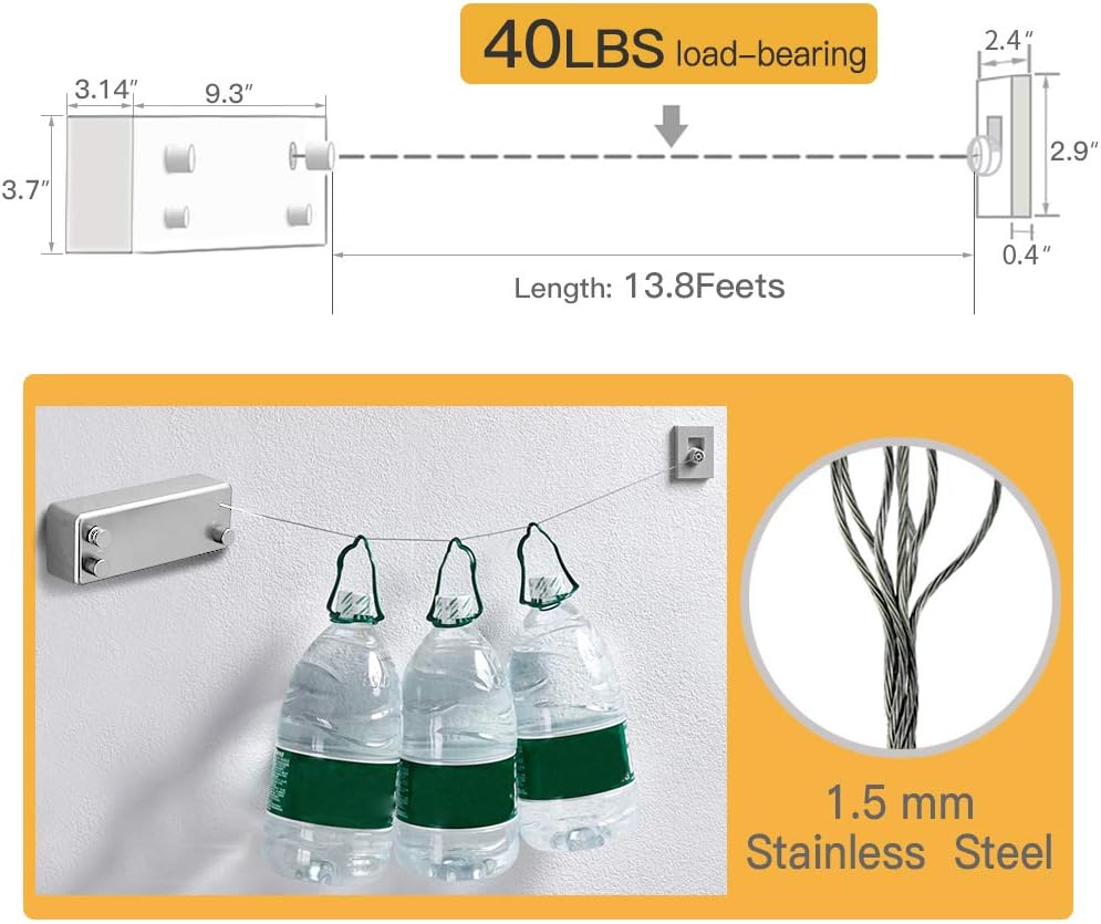 BESy Retractable Clothesline ABS case+Aluminum Dryer with Adjustable Stainless Steel Double Rope String Hotel Style Heavy Duty,Wall Mounted Method, 13.8 Feets,White