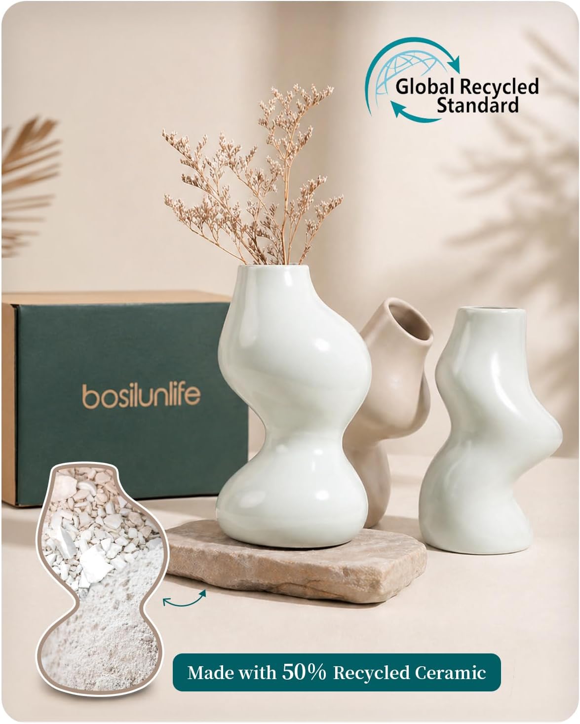 BosilunLife Decorative Vase Set of 3, Nested Curved Recycled Ceramic, Speckled Wabi-Sabi Home Decor, Modern Boho Centerpiece for Living Room Mantel & Office (Black & Grey)