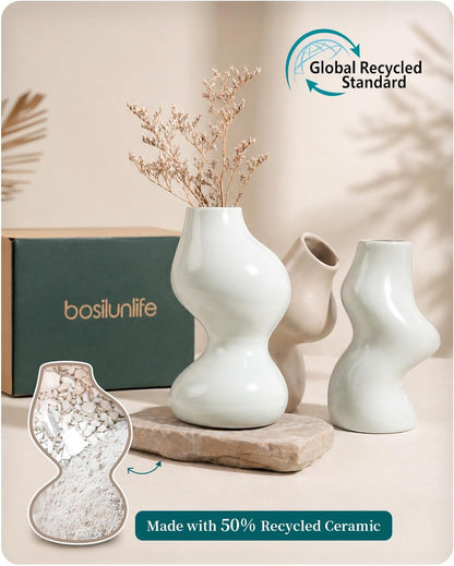 BosilunLife Decorative Vase Set of 3, Nested Curved Recycled Ceramic, Speckled Wabi-Sabi Home Decor, Modern Boho Centerpiece for Living Room Mantel & Office (Black & Grey)