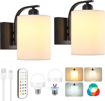Battery Operated Wall Sconce Set of 2, Gold Rechargeable Wall Lights with Remote Control,15 Colors Wireless Wall Sconce with 3000mAh Dimmable Detachable Bulb for Bedroom, Living Room and Hallway