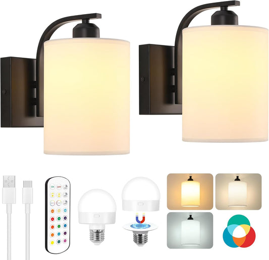 Battery Operated Wall Sconce Set of 2, Gold Rechargeable Wall Lights with Remote Control,15 Colors Wireless Wall Sconce with 3000mAh Dimmable Detachable Bulb for Bedroom, Living Room and Hallway