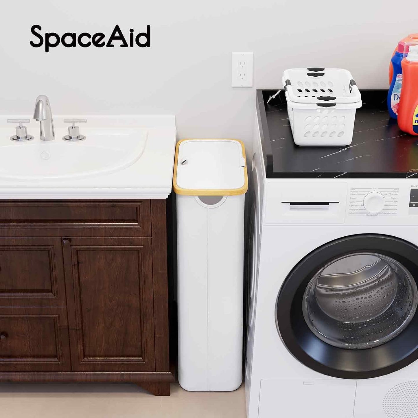 SpaceAid Double Laundry Hamper 2 Section with Lid and Removable Laundry Bags, 160L Clothes Basket with Bamboo Handles, Large Collapsible Hamper for Bedroom, Bathroom, Dorm, Laundry Room - White