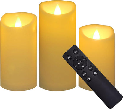 CANDLE CHOICE Waterproof Outdoor Battery Operated Flameless Candles with Remote Timer Plastic Flickering Fake Electric LED Pillars for Lantern Garden Wedding Christmas Decorations 3x4 Inches 3 PCS