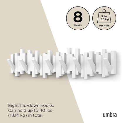 Umbra Sticks Wall-Mounted Coat Rack Rail Hook with 5 Retractable Pegs – Modern, Space-Saving Storage Organizer, Black