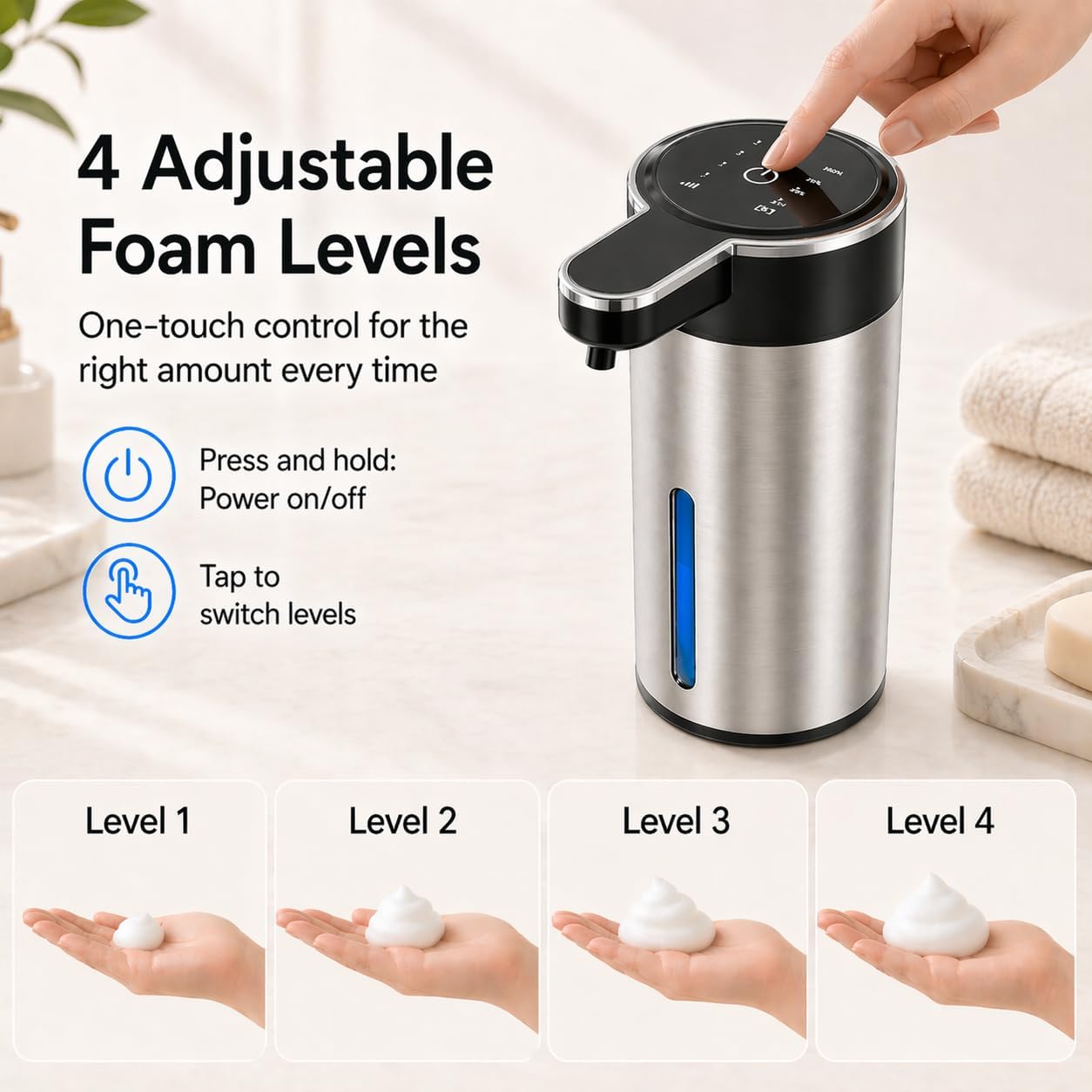 Automatic Foaming Soap Dispenser Touchless, 304 Stainless Steel Hand Soap Dispenser, USB Rechargeable, 4 Adjustable Levels, 13.5 oz (400 ml), for Kitchen & Bathroom (Black, Foam)