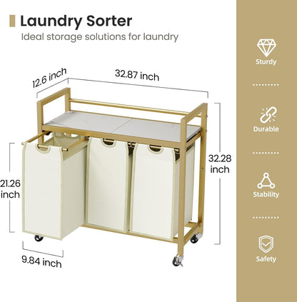 SwaaVee Laundry Sorter, Laundry Hamper 3 Section, 3×11.4Gal, Metal Frame Rolling Laundry Basket with Wooden Top Shelf, Pull out and Removable Laundry Bags, 3 Bags-Gray