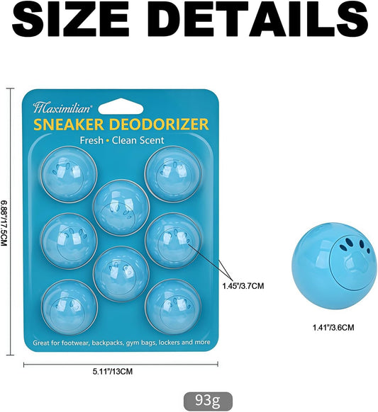 MAXIMILIAN Shoe Deodorizer Balls 8pcs Professional Shoe Fresheners Balls Foot Odor Eliminator Odor-Fighting Freshener for Neutralizing Odor and Refreshing Sneaker Shoes,Wardrobe,Bags,Blue
