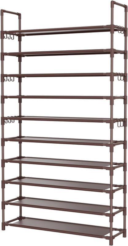 LANTEFUL 10 Tiers Tall Shoe Rack 20-25 Pairs Boots Organizer Storage Sturdy Narrow Shoe Shelf for Entryway, Closets with Hooks, Black