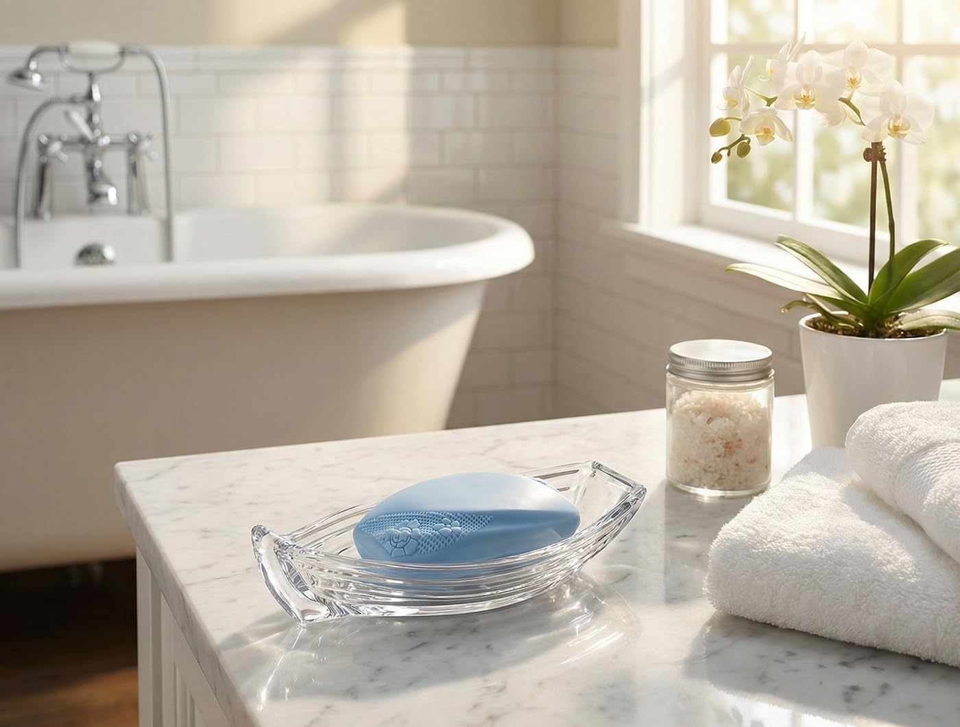 Self Draining Leaf Clear Glass Soap Dish,Bar Soap Holder | Decorative Leaf shape Soap Dish for Shower,Soap Tray,Soap Holder for Bathroom Sink,Vanity&Kitchen,Modern Bathroom Accessory.