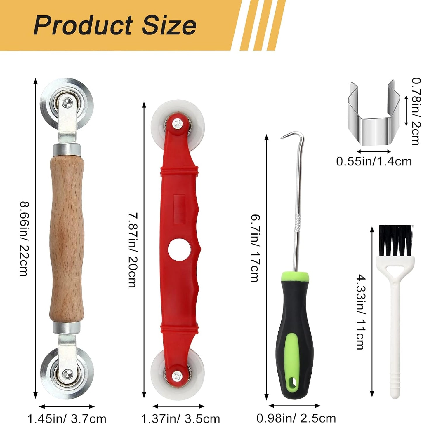 14Pcs Screen Repair Kit, Screen Repair Spline Tool 2Pcs Screen Rolling Tool with Bearing Spline Tools/Screen Spline Removal Hook/Groove Cleaning Brush/ 10Pcs Screen Installer Clips