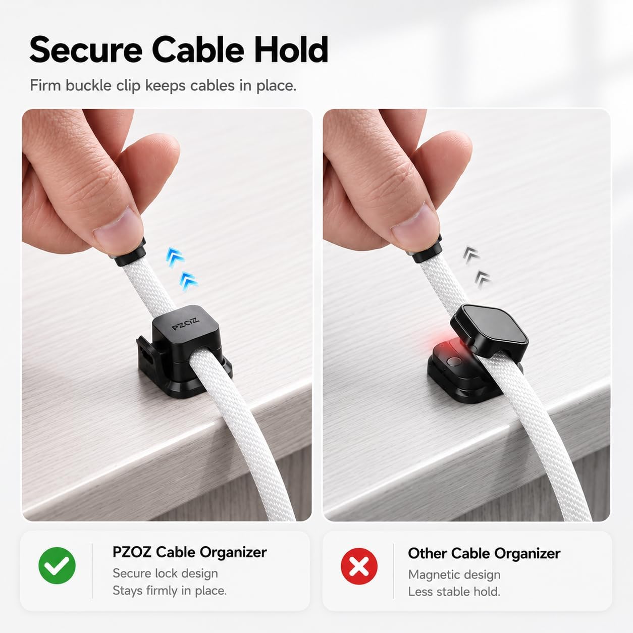 PZOZ 6 Pack Cable Clips, Adhesive Cable Management Clips for Desk & Desk Edge, No-Slip Cord Holders for Charging Cables, No Drill Wire Organizer for Home Office (Black)
