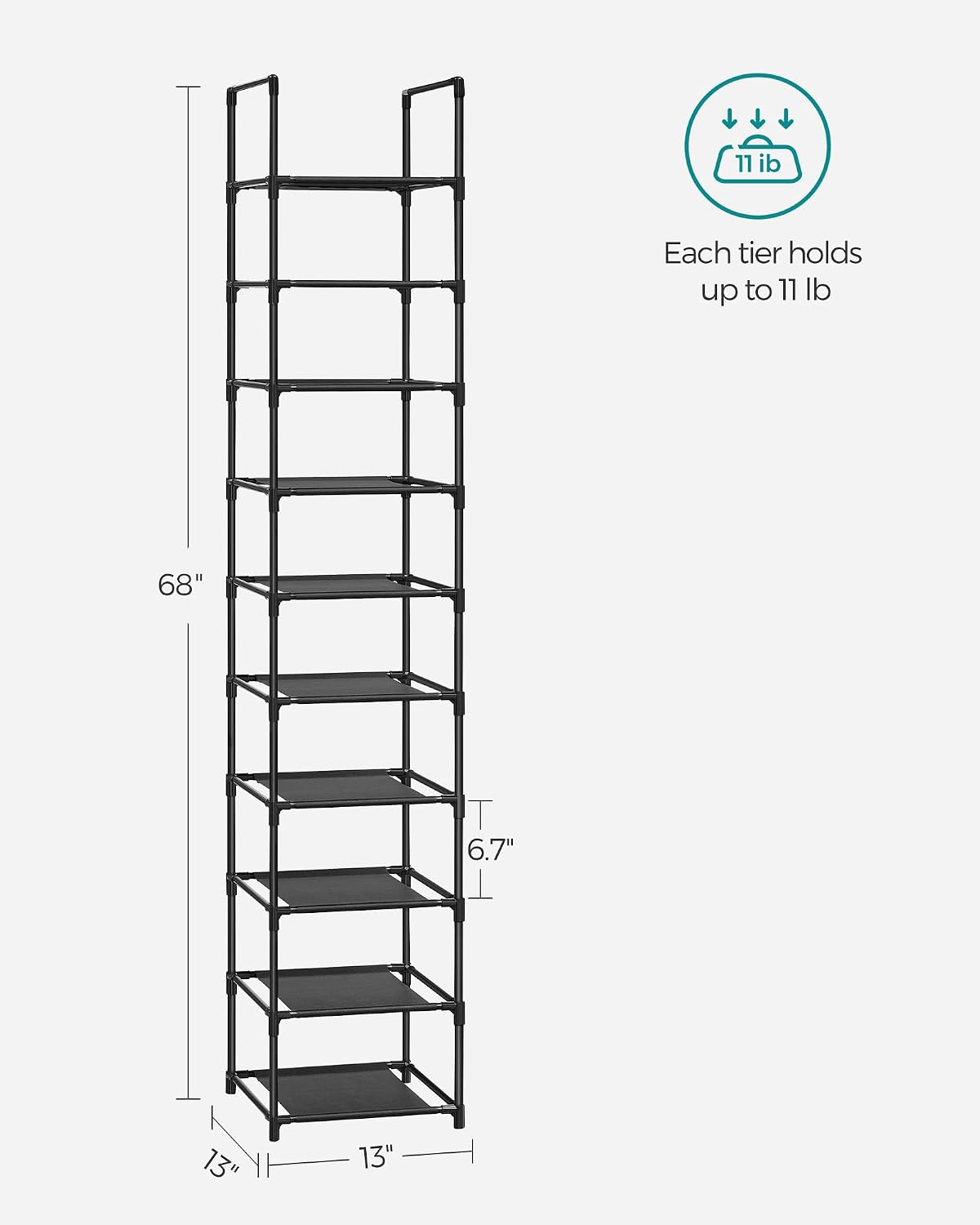 SONGMICS Shoe Rack, 10-Tier Shoe Shelf, Shoe Storage Organizer, 11 x 17.7 x 68 Inches, Metal Frame, Non-Woven Fabric Shelves, for Entryway, Bedroom, Black ULSH010B02