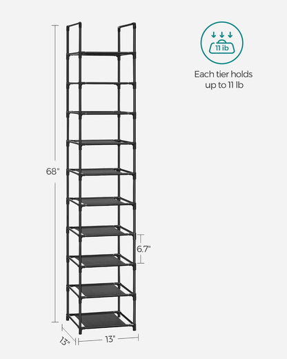 SONGMICS Shoe Rack, 10-Tier Shoe Shelf, Shoe Storage Organizer, 11 x 17.7 x 68 Inches, Metal Frame, Non-Woven Fabric Shelves, for Entryway, Bedroom, Black ULSH010B02
