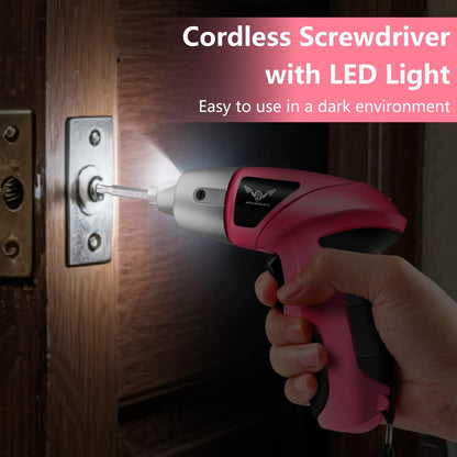 JENABOM Pink 3.6V USB Cordless Electric Screwdriver & Household Tool Kit | Power Screwdriver and Hand Tools in a Compact Box Case for Small Repair and Maintenance- Ideal Housewarming Gift, 112Pcs