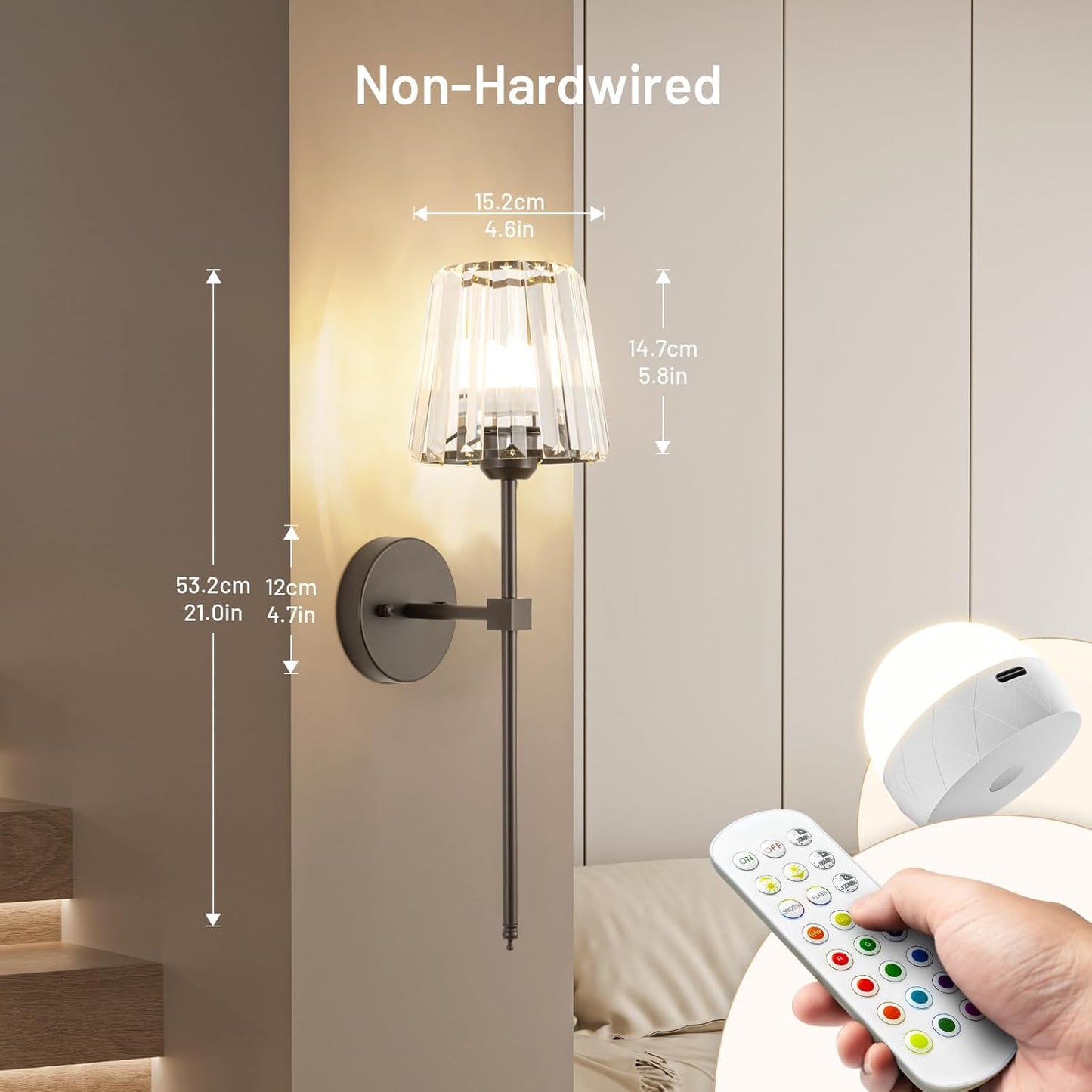 Crystal Battery Operated Wall Sconces Set of 2, Gold Rechargeable Wireless Wall Sconce Lights with Crystal Lampshade, 12 RGB and 3CCT Dimmable Wall Lamps with Remote for Bedroom Living Room Hallway