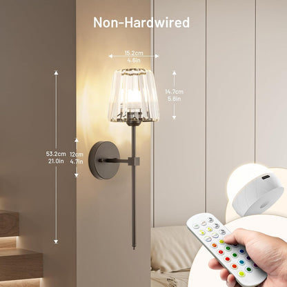 Crystal Battery Operated Wall Sconces Set of 2, Gold Rechargeable Wireless Wall Sconce Lights with Crystal Lampshade, 12 RGB and 3CCT Dimmable Wall Lamps with Remote for Bedroom Living Room Hallway