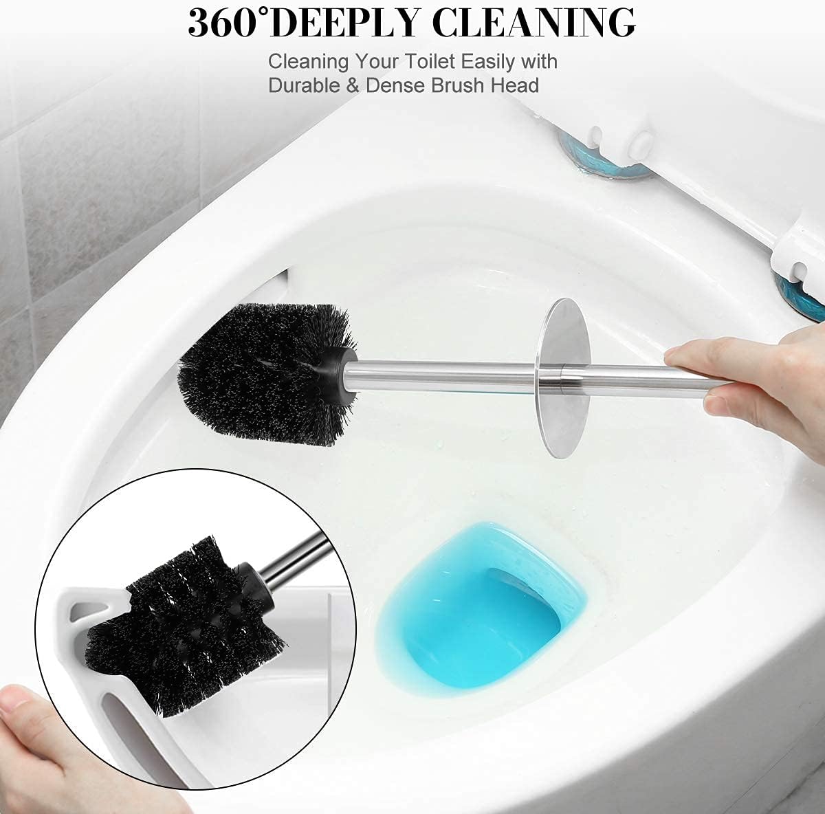 Toilet Brush and Holder, 2 Pack Toilet Brush with 304 Stainless Steel Long Handle, Toilet Bowl Brush for Bathroom Toilet-Ergonomic, Elegant,Durable (White)