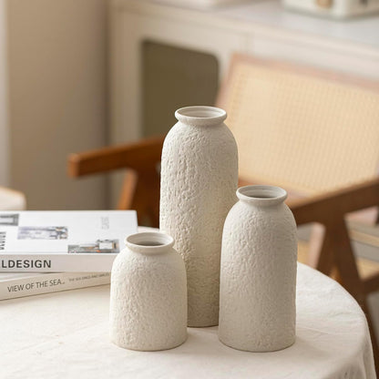 Ceramic Vase Set-3, Small Flower Vases for Decor, Modern Boho Farmhouse Style, Decorative Vases for Pampas Grass & Dried Flowers, Distressed Finish (Beige)