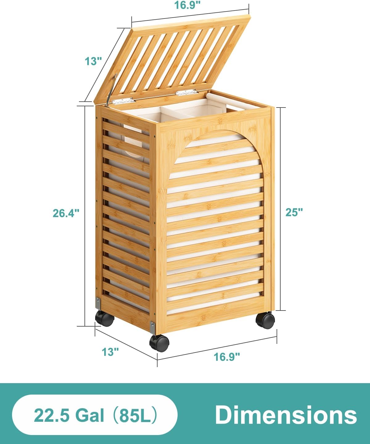 Black Laundry Hamper with Wheels, Laundry Basket with Lid, 22.5 Gallon (85L) Bamboo Wood Clothes Laundry Hamper 2 Section with Handles, Removable Liner