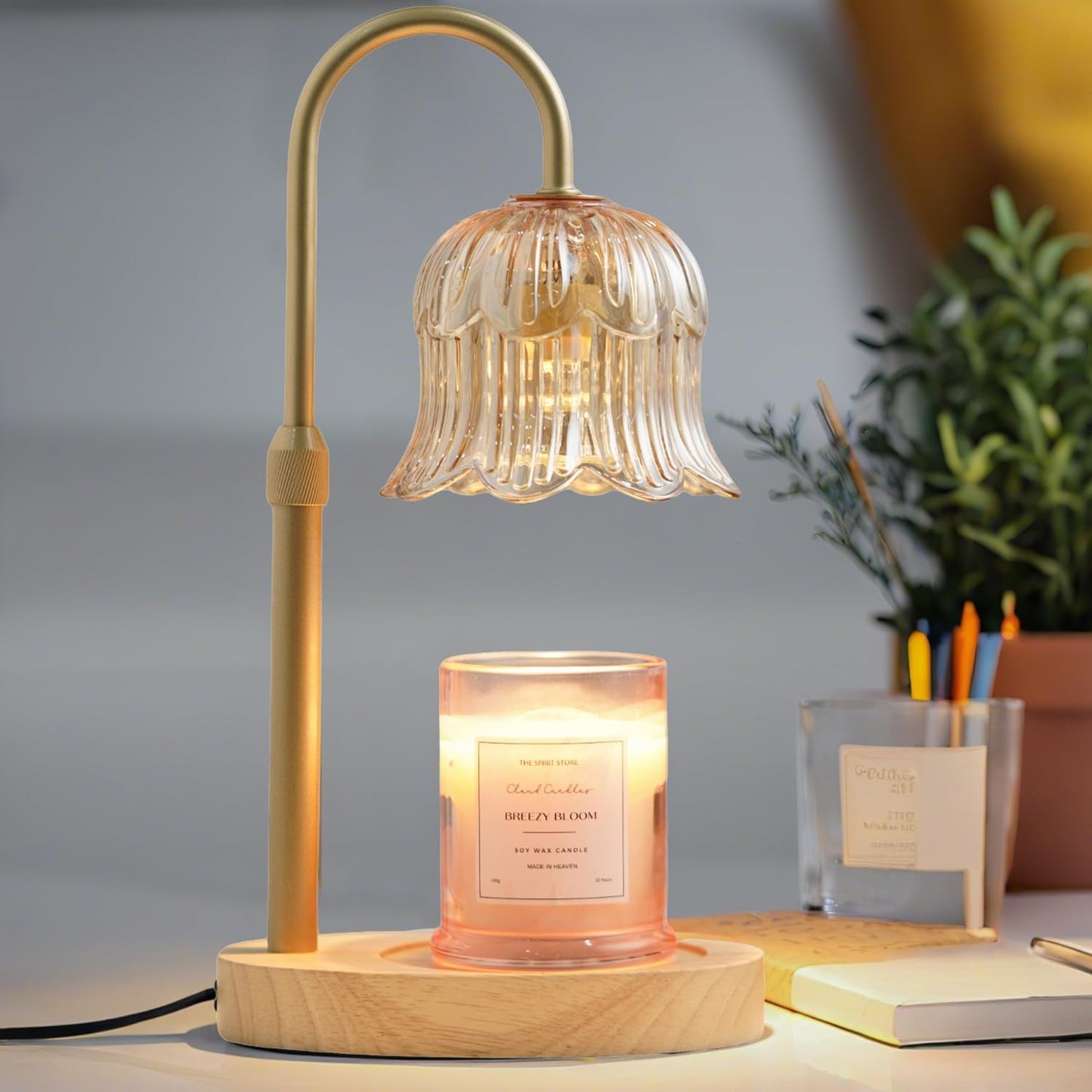 CRMILL Candle Warmer Lamp with Timer: Adjustable Dimmable Height Adjustable Warming - Flower Shape Wax Lamp Jar Candles No Flame Modern Home Decor Table Lights - Home Living Bedroom