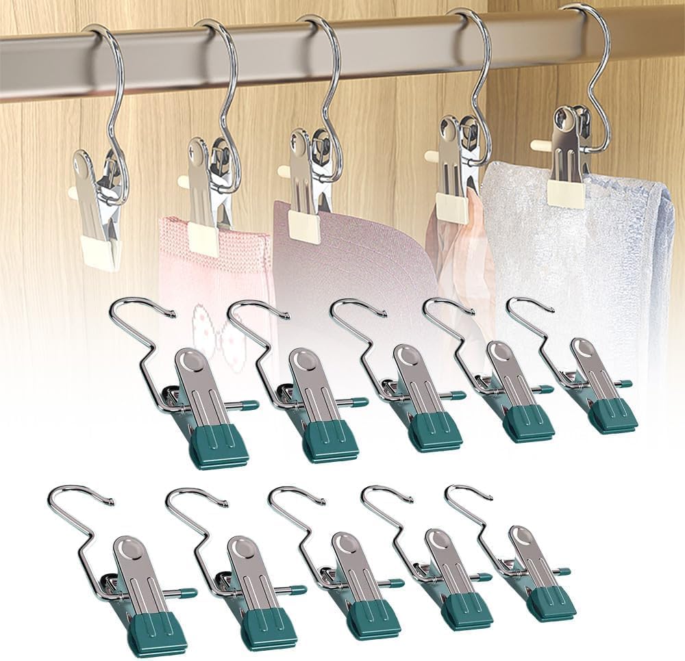 Space-Saving Clothespin Hat Pants Storage Hanging Travel Hook, Stainless Steel Boot Hangers Clips Boot Hangers for Closet, Laundry Hooks Hanging Clips Clothes Pins Socks Towel Clips (Black, 10Pcs)
