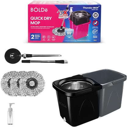 Thunder Mop Spin System -Double-Sided- 2 Compact Stackable 6L Buckets, Microfiber Head, Stainless Steel Wringer, Antifungal Quick-Dry Cleaning, Soap Dispenser, 3 Free Refills (Lime/Forest Green)