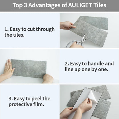 AULIGET 6" x 12" Black Slate Peel and Stick Backsplash Wall Tiles, PVC Faux Stone Stick on Tiles for Backsplash Kitchen, Bathroom, Laundry Room, Camper, Fireplace (Pack of 20)