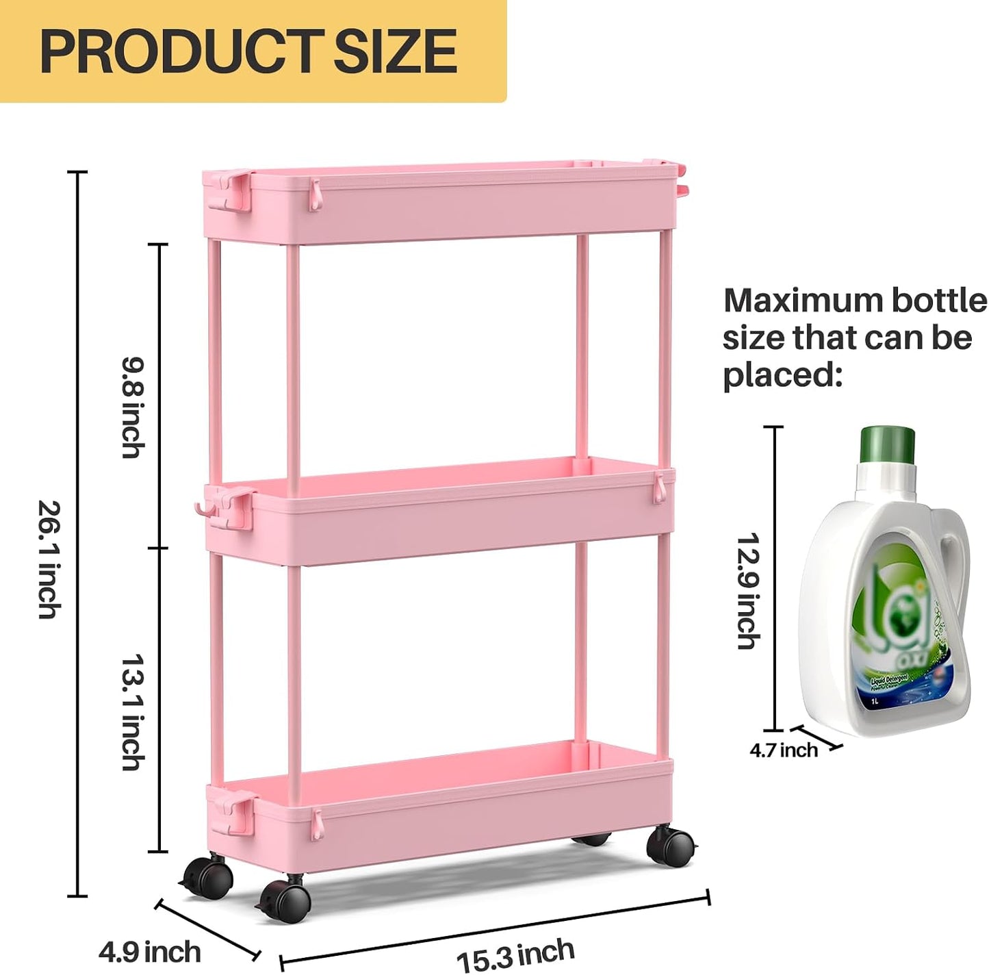 SPACEKEEPER Slim Rolling Storage Cart, 3 Tier Bathroom Storage Organizer Laundry Room Utility Cart Mobile Shelving Unit, Multi-Purpose for Kitchen Office Bathroom Laundry Narrow Places, Black