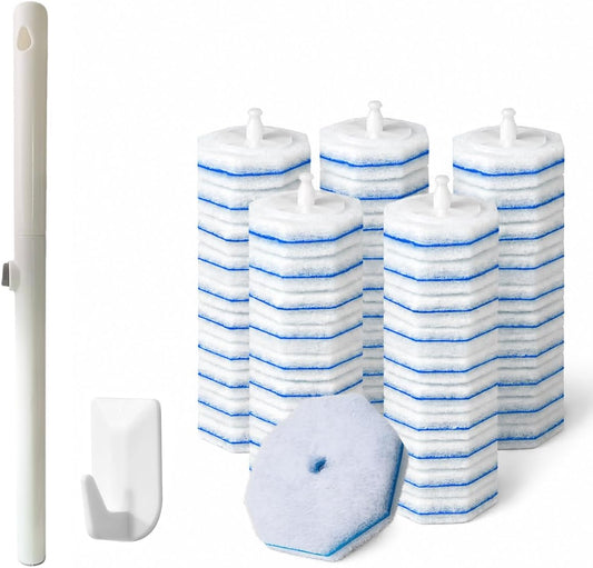 Toilet Wand Starter Kit – Disposable Toilet Bowl Brush Cleaning System, 50 Scrubbing Refills, Wand Handle & Wall-Mounted Hook
