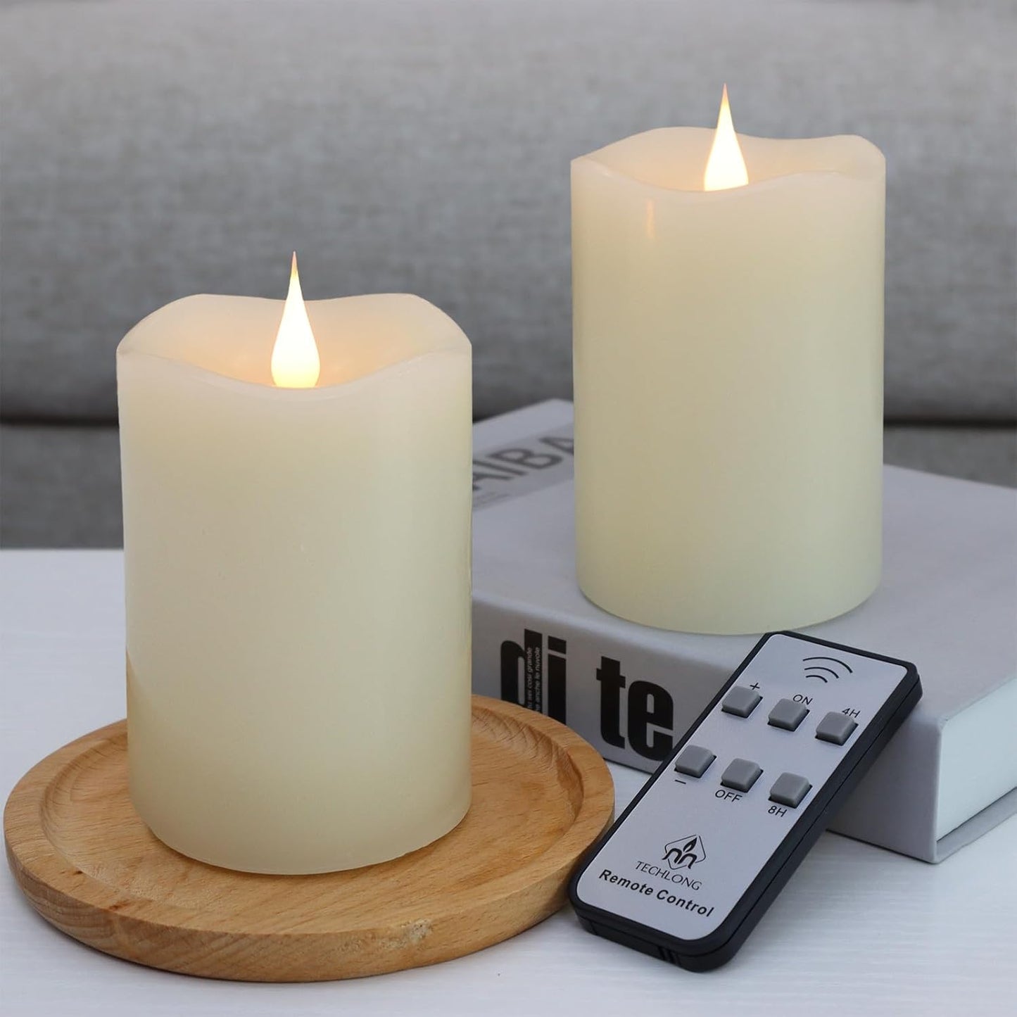 TECHLONG Flameless Candles Battery Operated with Remote Timer, 3D Moving Flame Flickering, Last 600+ Hours Battery Candles, 3" x 3" Ivory Real Wax Electric LED Candle for Wedding Party, Set of 2