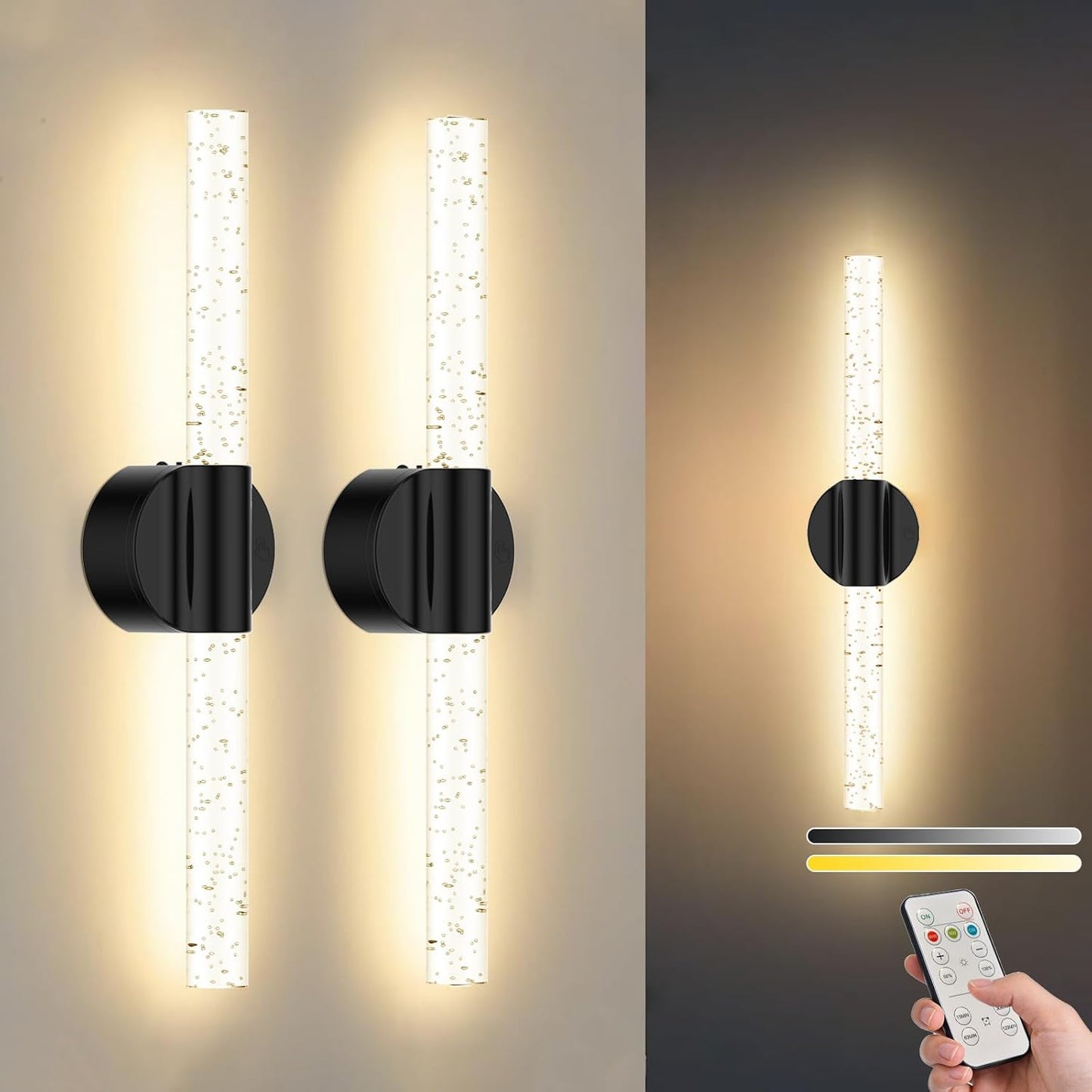Peel and Stick on Battery Operated Wall Sconces Set of 2, Gold Wireless Magnetic Rechargeable Wall Lights with Remote & Touch Control, No Drill 3CCT Dimmable Wall Lamp for Bedroom Living Room Decor