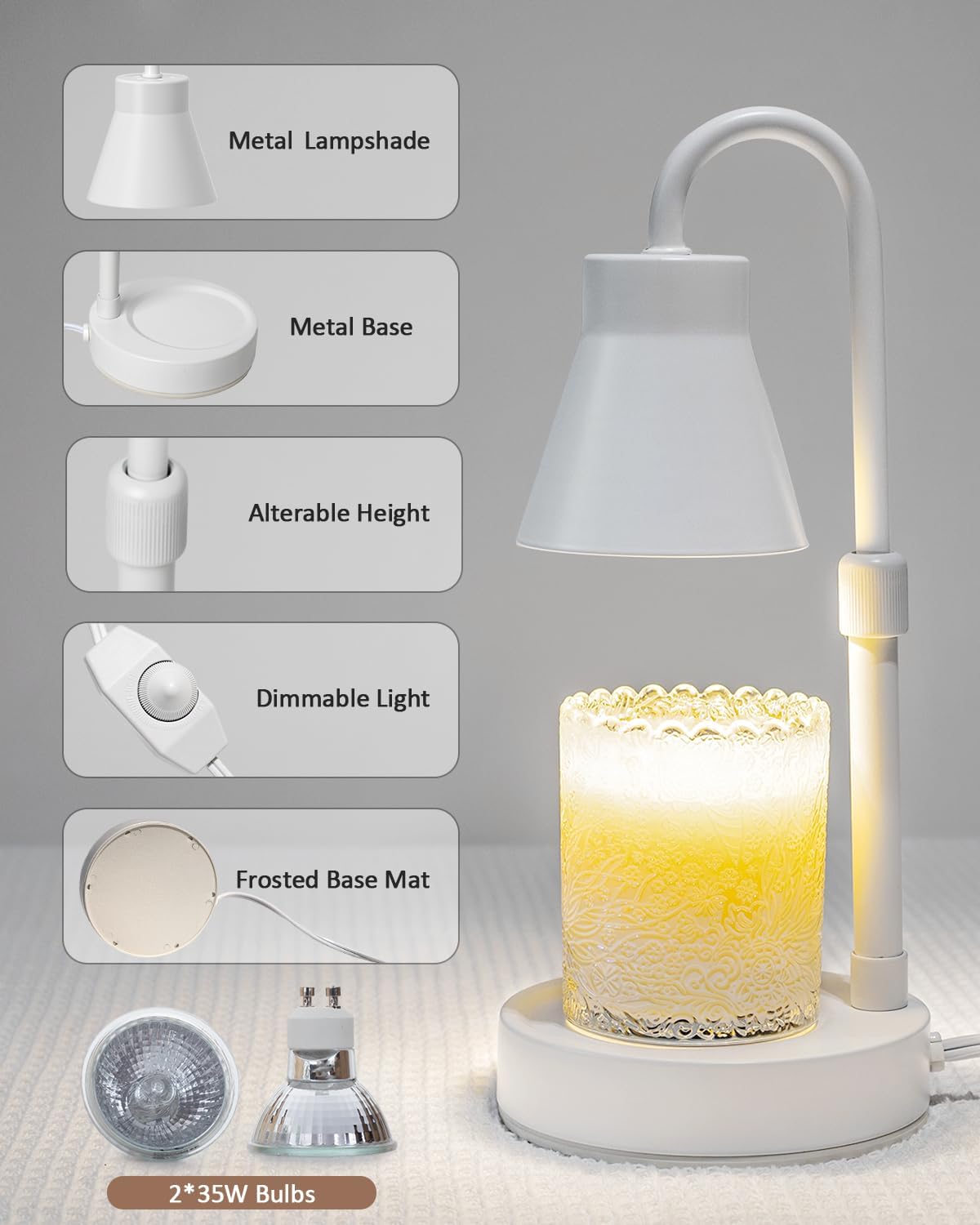 Elenhome Candle Warmer Lamp with Adjustable Height, Stepless Dimming Function-Home Decor Lamp, Metal Candle Lamp for Jar Candles, No Flame Scented Candle Warmer with 2 Bulbs (Black)
