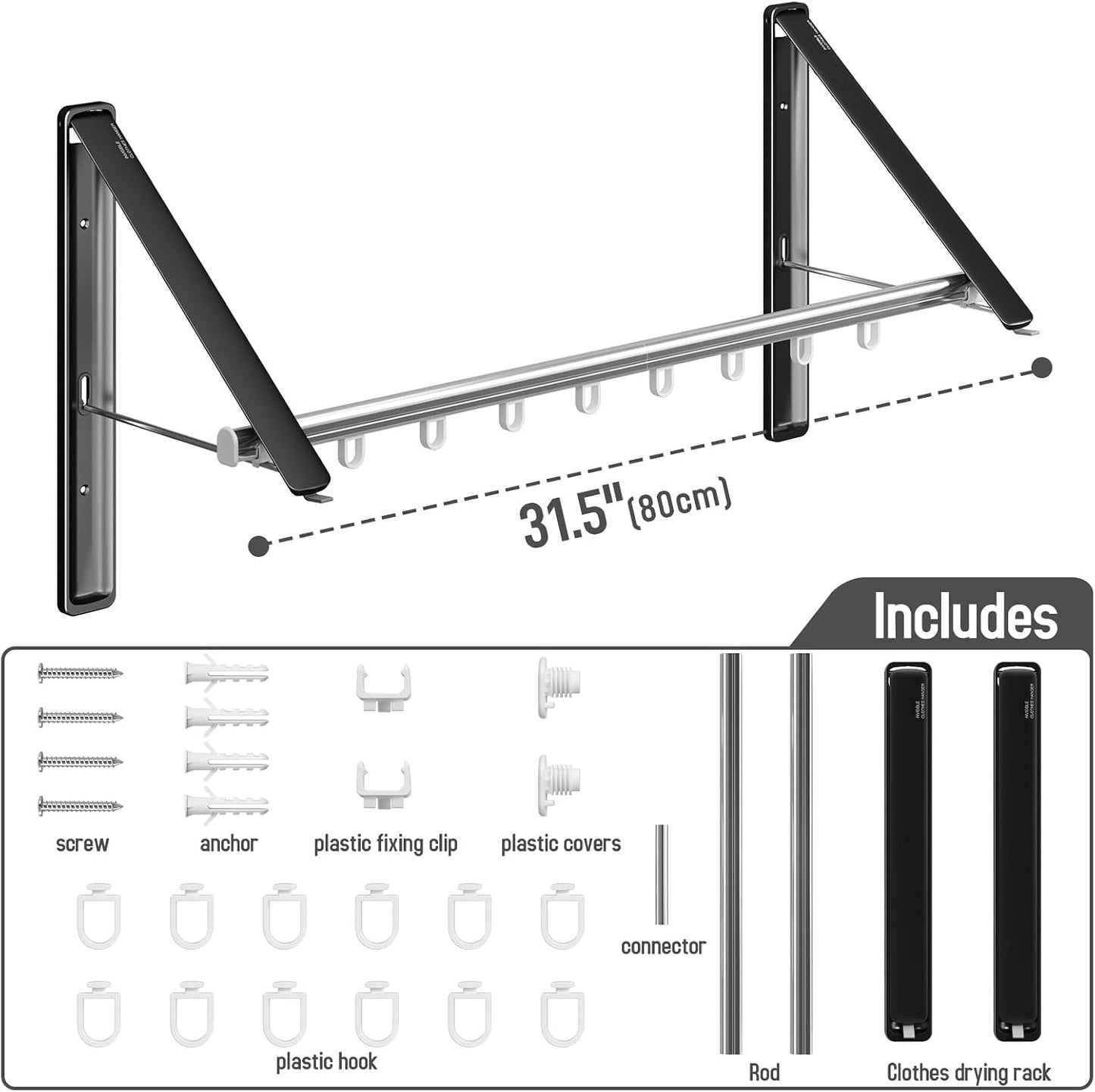 Retractable Clothes Drying Rack for wall clothes hanger rack for Laundry | Folding Hanger Rack Laundry Hanger Dryer Rack, Easy to Install, Closet Storage Organization, Space Saving Aluminium,Walnut