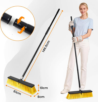 18" Push Broom Outdoor, Heavy Duty Broom with 62" Long Handle, Stiff Bristle Garage Broom for Patio Deck Driveway Concrete Floor Shop Warehouse Cleaning