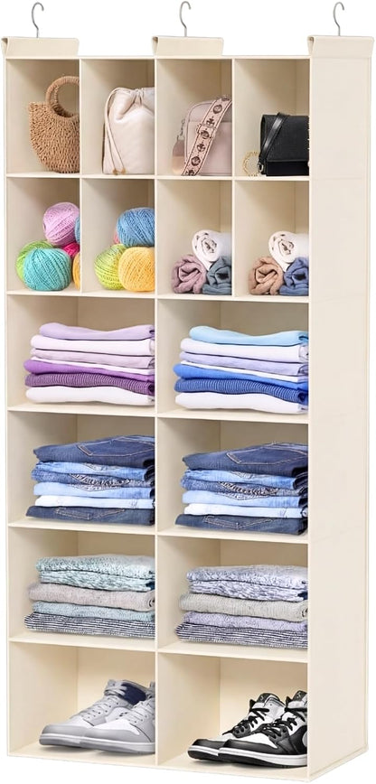 Ofiray-home 6 Tier Hanging Closet Organizer, 16 Compartments Sweater Organizer for Closet with 3 Sturdy Hooks, Closet Organizers and Storage, Wardrobe, Rv, Garment Rack, Grey