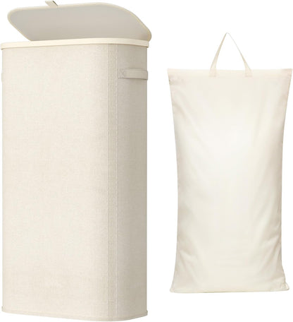 Lifewit Slim Laundry Basket with Lid, Narrow Laundry Hamper with Plastic Handles and Removable Bag, Tall Foldable Dirty Clothes Hampers for Laundry Room, Bedroom, Bathroom, Dorm, 65L Beige