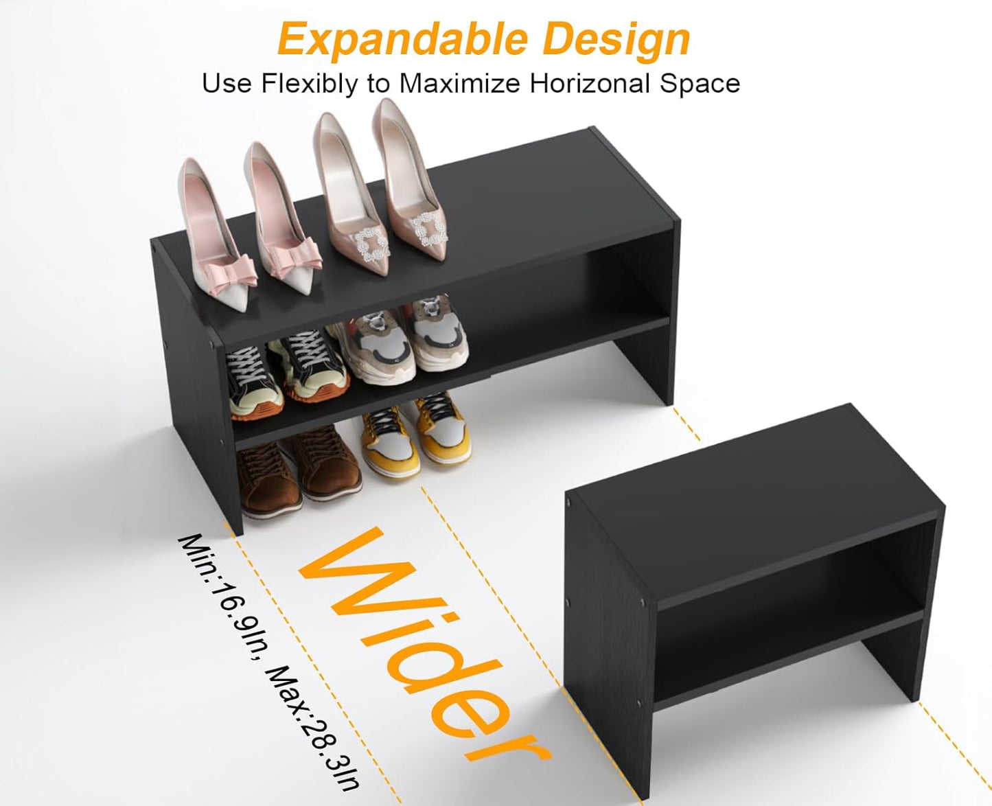 White Shoe Rack Organizer for Closet, 2-Tier Expandable Shoe Shelf, Stackable Iron Wood Combination Small Shoe Racks Shelves for Closets, Entryway,Small Space,Hallway,Bedroom,Bathroom,6-12 Pairs