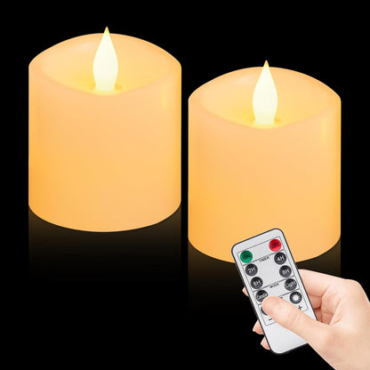 3"x4" Flickering Flameless Battery Candles with Timer, White Realistic LED Pillar Candles, Set of 2 Large Remote-Operated Candles for Home Indoor/Outdoor & Holiday Decor