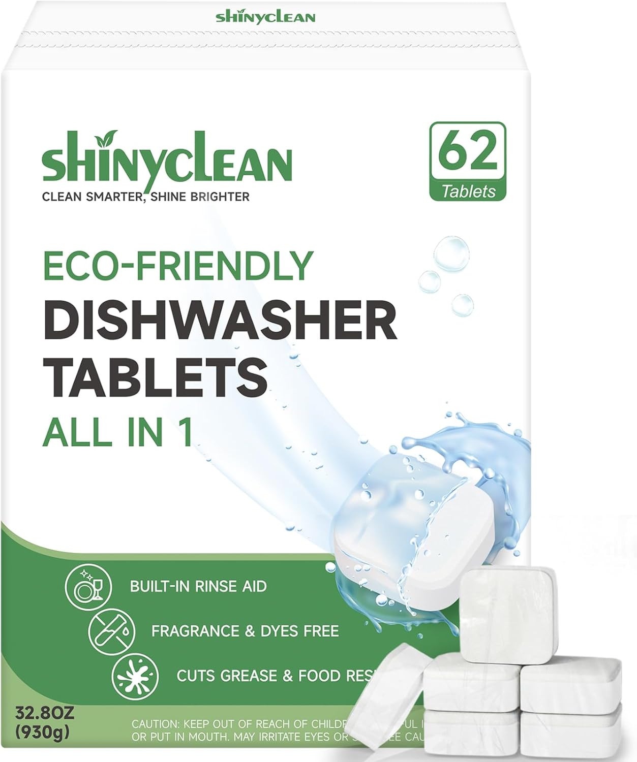 Dishwasher Detergent Tablets with Built-in Rinse Aid | All-in-1 Plant-Based Pods | Fragrance & Dye Free | Natural & Phosphate-Free | Biodegradable & No Unwrapping Needed | 62 Count