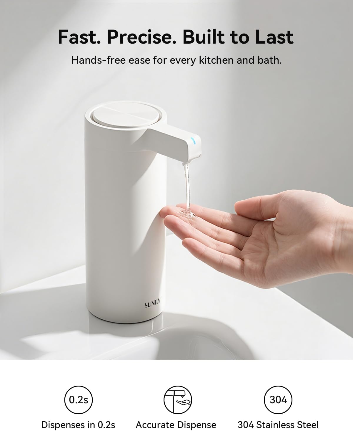 SUNLY Touchless Automatic Soap Dispenser – Clog-Free Pump, 0.2s Fast Sensor, USB-C Rechargeable, Smudge-Resistant Stainless Steel, for Kitchen & Bathroom Soap Dispenser