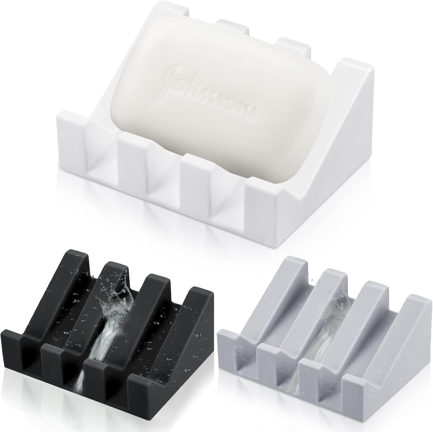Cunhill 2 Pieces Silicone Soap Dish Self Draining Soap Dish Shower Waterfall Bar Soap Holder Tray with Drain Soap Saver for Kitchen Bathroom Accessories (Black)